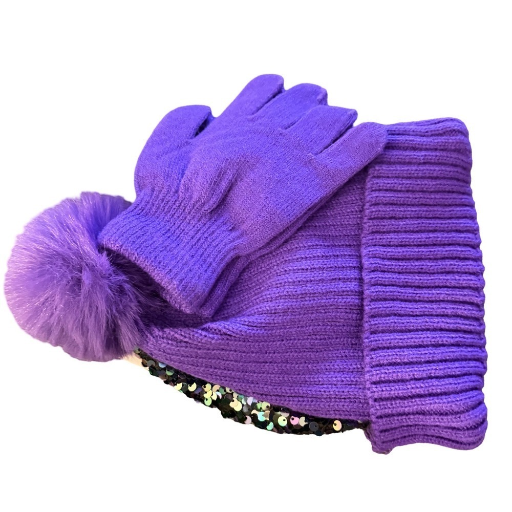 Girls Purple Sequin Beanie Hat and Gloves Set with Pom Pom Size 4-5T - Picture 5 of 8